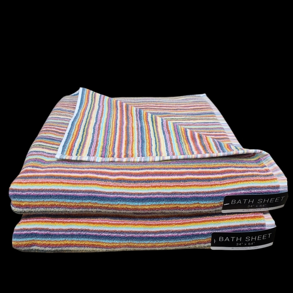 2pc Rachel Zoe Cotton Rainbow Striped Multicolored Bath Sheet / Beach Towel Set - Picture 5 of 5